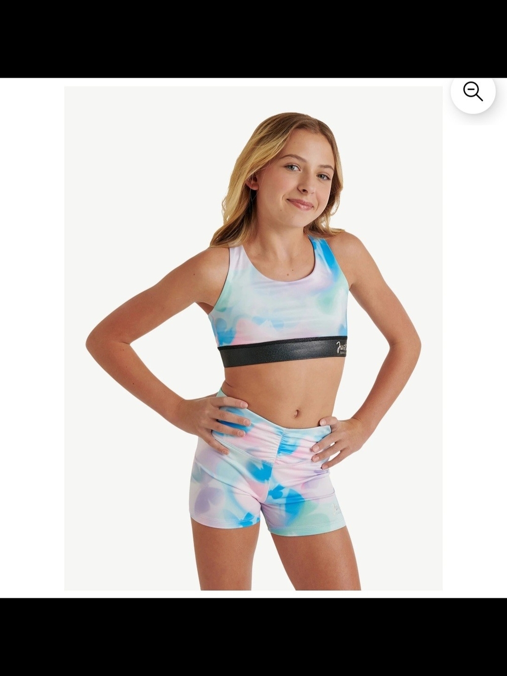 Justice Pastel Tie-Dye Sports Bra with Black Glitter Band & Matching Shorts LG